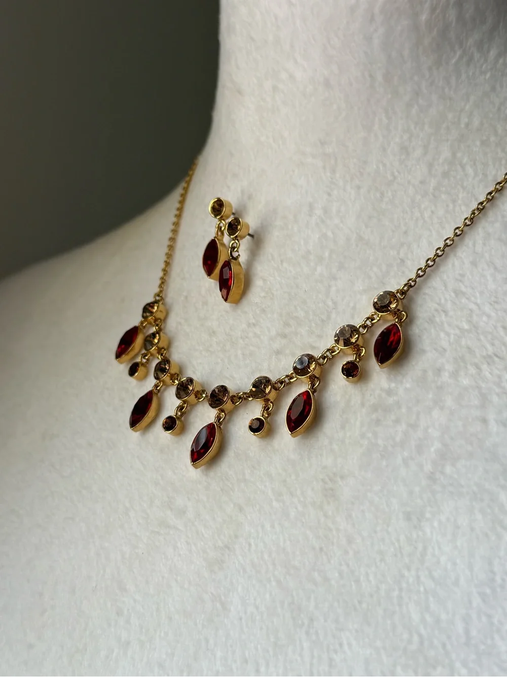 Gold-Tone Red Crystal Drop Necklace & Earring Set